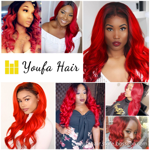 Amazon Hot Ombre Colored 4x4 1B Red Transparent Swiss Lace Closure Free Part High Density Brazilian Hair Body Wave Lace Closure